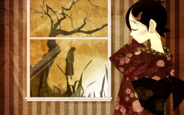 Anime picture 1920x1200 with sayonara zetsubou sensei shaft (studio) itoshiki nozomu fuura kafuka highres short hair black hair wide image upper body eyes closed traditional clothes japanese clothes floral print silhouette bare tree hands in sleeves polychromatic girl plant (plants) tree (trees)