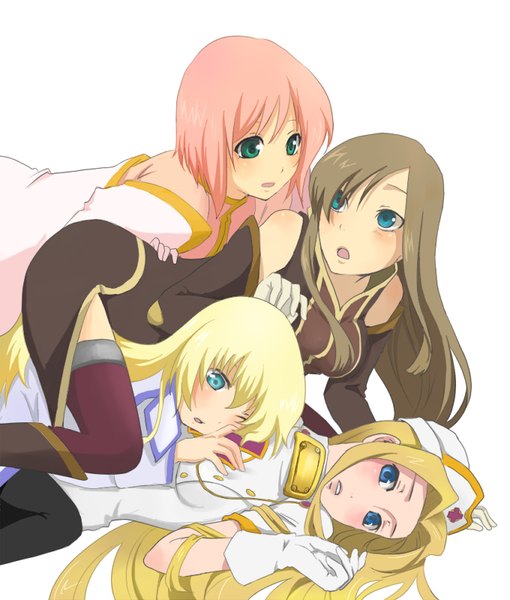 Anime picture 680x800 with tales of (series) tales of vesperia tales of symphonia tales of the abyss tales of phantasia namco (studio) estellise sidos heurassein collet brunel tear grants mint adenade ryuuki319 long hair tall image blush short hair open mouth blue eyes light erotic blonde hair simple background