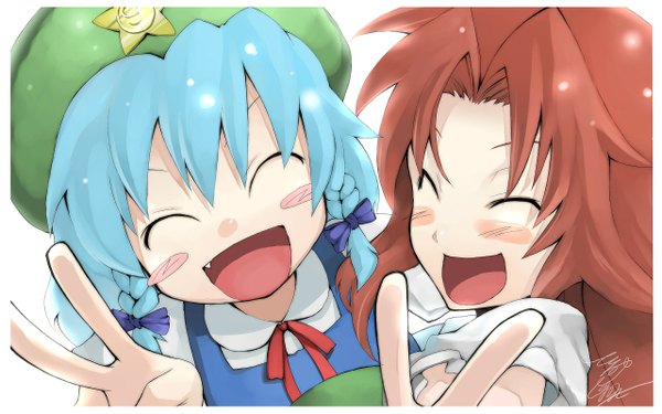 Anime picture 1280x800 with touhou cirno hong meiling morino hon blush smile wide image braid (braids) teeth fang (fangs) twin braids victory alternate hairstyle girl