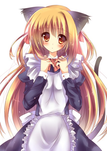Anime picture 1074x1517 with original amane ruri single long hair tall image looking at viewer blush simple background blonde hair red eyes white background animal ears cat ears maid cat girl cat tail girl headdress maid headdress