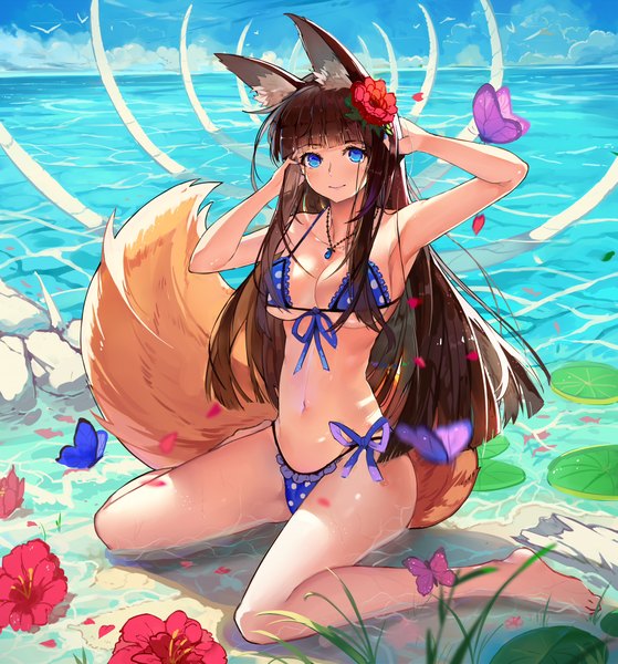 Anime picture 2000x2149 with original baisi shaonian single long hair tall image looking at viewer blush fringe highres breasts blue eyes light erotic smile brown hair large breasts sitting bare shoulders animal ears payot sky