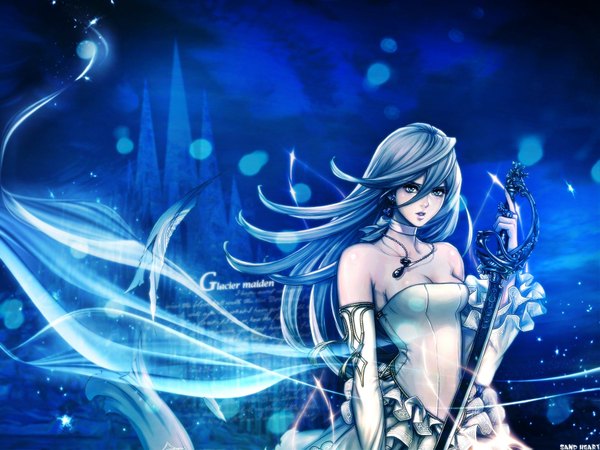 Anime picture 1600x1200 with the last story kanan (the last story) single long hair looking at viewer open mouth blue eyes bare shoulders blue hair inscription wallpaper blue background girl dress gloves weapon sword elbow gloves pendant bubble (bubbles)