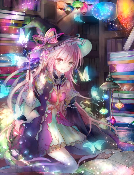 Anime picture 1000x1300 with original kazu (muchuukai) single long hair tall image fringe open mouth bare shoulders holding looking away pink hair cleavage grey eyes witch girl thighhighs dress flower (flowers) bow hat
