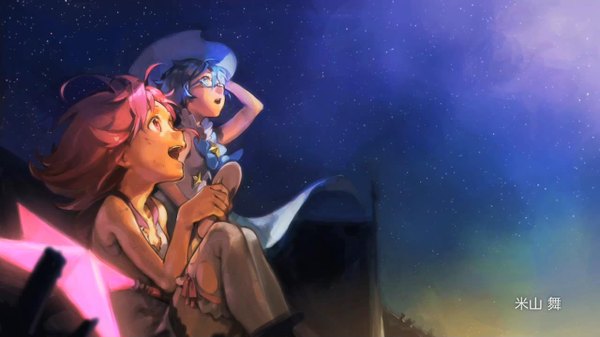 Anime picture 1280x720 with houkago no pleiades subaru (houkago no pleiades) aoi (houkago no pleiades) long hair short hair open mouth blue eyes wide image bare shoulders multiple girls blue hair pink hair sky profile pink eyes night night sky space girl thighhighs