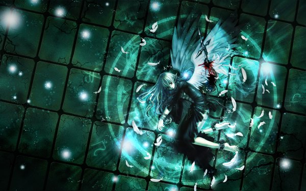 Anime picture 1920x1200 with original mizusawa hikaru single long hair highres wide image silver hair barefoot pointy ears magic angel wings angel girl dress weapon wings blood chain feather (feathers) magic circle