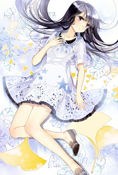Anime picture 700x1040 with original mimosa single long hair tall image black hair purple eyes looking away girl dress shoes leaf (leaves) ginkgo