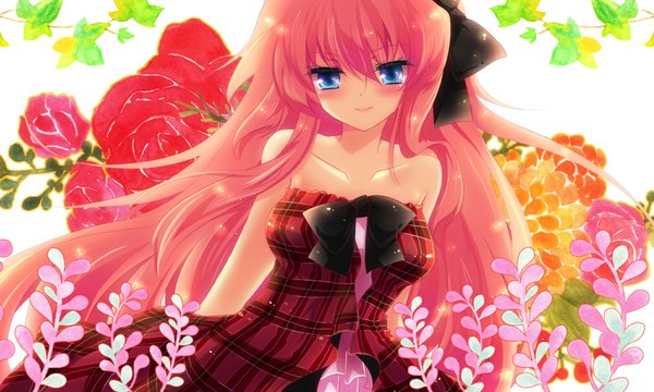 Anime picture 1000x600 with vocaloid megurine luka ichiyou moka single long hair blush blue eyes smile wide image white background bare shoulders pink hair girl dress flower (flowers) bow hair bow rose (roses)