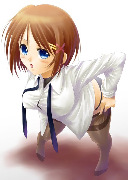 Anime picture 1000x1400 with mahou shoujo lyrical nanoha mahou shoujo lyrical nanoha strikers yagami hayate ayato single tall image blush short hair open mouth blue eyes light erotic brown hair girl hair ornament shirt necktie hairclip x hair ornament