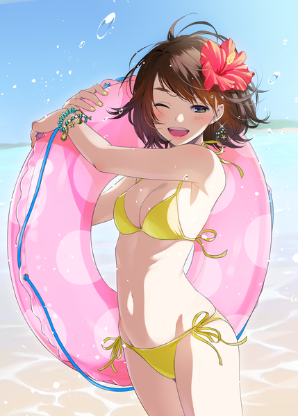 Anime picture 1295x1812 with original morikura en single tall image looking at viewer blush short hair open mouth light erotic brown hair standing brown eyes sky ahoge nail polish one eye closed hair flower wink lipstick beach
