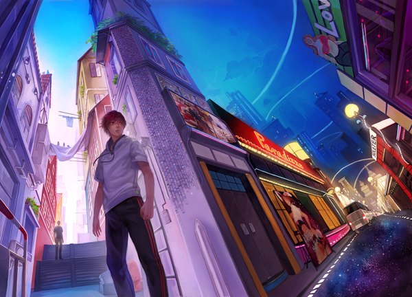 Anime picture 1000x720 with hai short hair sky red hair multiple boys from below city city lights street boy building (buildings) 2 boys ground vehicle stairs car