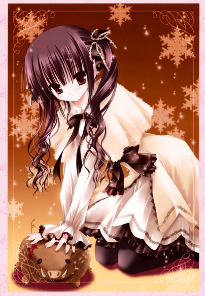Anime picture 4861x7011 with original byakuya chakai (artbook) tinker bell single long hair tall image looking at viewer blush highres black hair red eyes sitting twintails absurdres girl thighhighs dress bow black thighhighs hair bow