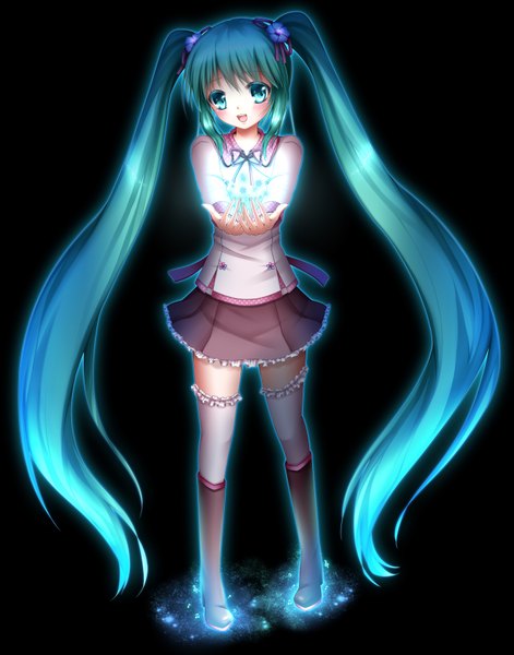 Anime picture 1300x1654 with vocaloid hatsune miku shitou single tall image blush open mouth twintails very long hair aqua eyes aqua hair dark background girl thighhighs skirt miniskirt white thighhighs boots