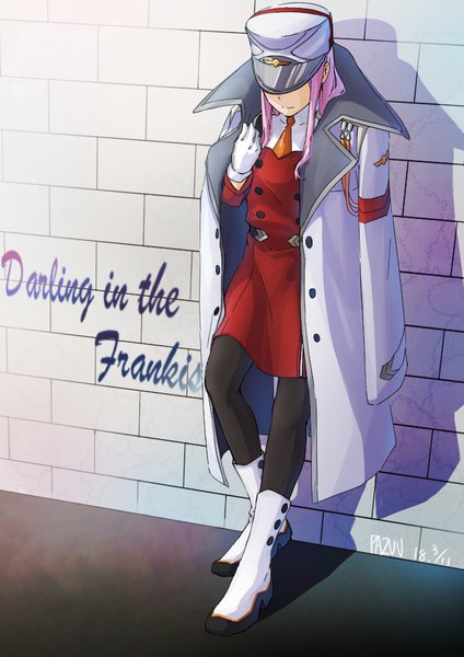Anime picture 729x1032 with darling in the franxx studio trigger zero two (darling in the franxx) pazuu (mari-longu) single long hair tall image standing signed payot pink hair full body copyright name dated clothes on shoulders against wall covering eye (eyes) brick wall hat over eyes girl