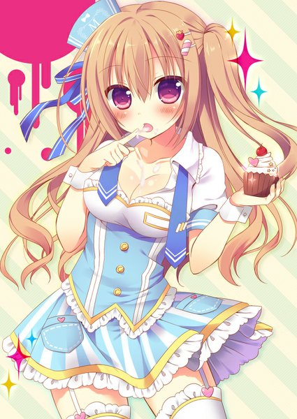 Anime picture 600x847 with sumisaki yuzuna single long hair tall image looking at viewer blush fringe breasts open mouth blonde hair standing purple eyes cleavage sparkle zettai ryouiki finger to mouth eating striped background girl dress