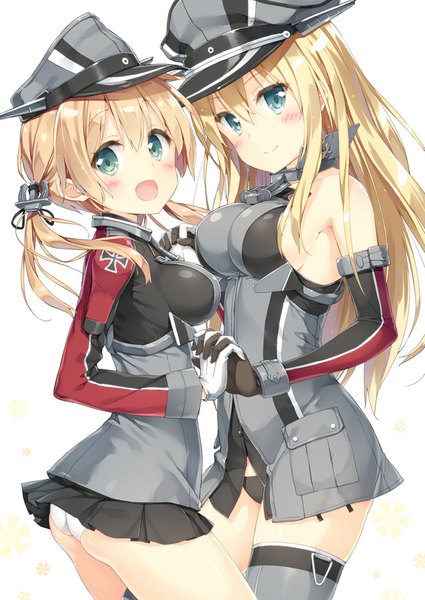 Anime picture 637x900 with kantai collection bismarck battleship prinz eugen (kantai collection) kani biimu long hair tall image blush open mouth light erotic simple background blonde hair smile white background twintails multiple girls pleated skirt aqua eyes pantyshot holding hands girl