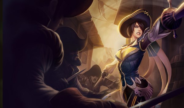 Anime picture 1215x717 with league of legends fiora (league of legends) single fringe short hair black hair wide image hair over one eye battle girl weapon hat dagger epee