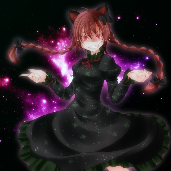 Anime picture 1500x1500 with touhou kaenbyou rin s-syogo single long hair red eyes animal ears red hair braid (braids) cat ears twin braids girl dress