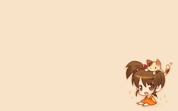 Anime picture 1920x1200 with suzumiya haruhi no yuutsu kyoto animation kyon no imouto shamisen (suzumiya haruhi) highres open mouth simple background brown hair wide image white background chibi girl animal cat