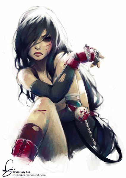 Anime-Bild 600x849 mit final fantasy final fantasy vii square enix tifa lockhart ravenskar single long hair tall image fringe black hair simple background red eyes white background signed looking away bent knee (knees) lips hair over one eye torn clothes lace-up boots