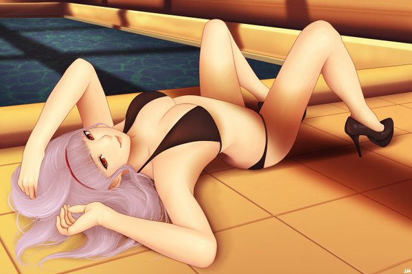 Anime picture 1440x960 with idolmaster shijou takane khalitzburg single long hair breasts open mouth light erotic red eyes purple hair spread legs girl swimsuit bikini black bikini