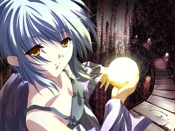 Anime picture 1024x768 with sorairo no organ (game) stella (sorairo no organ) minase lin single looking at viewer short hair bare shoulders holding yellow eyes blue hair game cg upper body wide sleeves glowing light girl ball