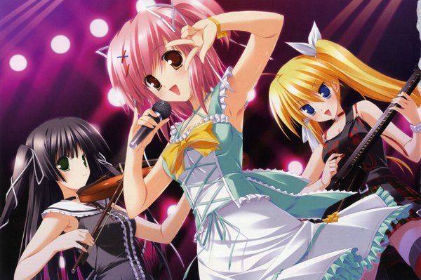 Anime picture 3052x2031 with minna no uta kugenuma ayane fujisawa kyou katase naru highres multiple girls girl 3 girls microphone guitar violin bow (instrument)
