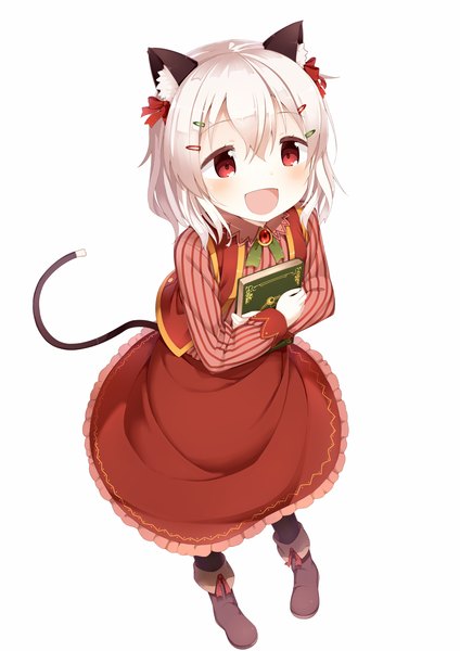 Anime picture 1084x1534 with original harumankai single tall image fringe short hair open mouth red eyes standing white background holding animal ears white hair tail animal tail cat ears cat tail happy girl dress