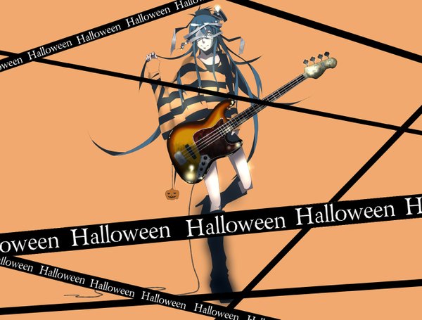 Anime picture 1400x1063 with single long hair blue eyes simple background blue hair high heels striped halloween blindfold boy boots bandage (bandages) musical instrument wire (wires) guitar vegetables jack-o'-lantern pumpkin caution tape