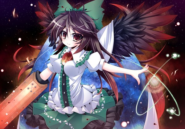 Anime picture 1300x906 with touhou reiuji utsuho futase hijiri (artist) single long hair black hair smile red eyes loli black wings starry sky print space print girl bow weapon hair bow wings