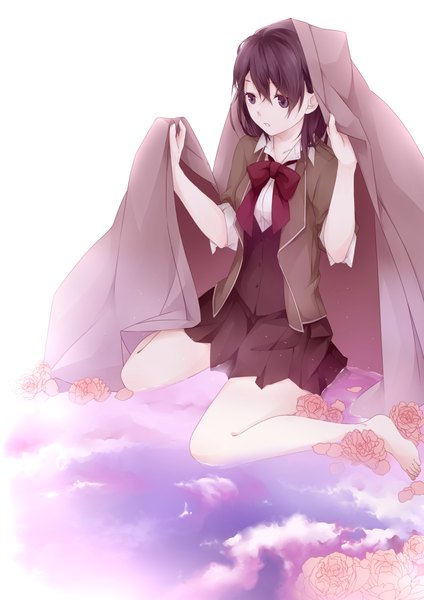 Anime picture 2480x3507 with original sekiyu single tall image highres short hair open mouth black hair simple background white background sitting purple eyes sky cloud (clouds) barefoot bare legs wariza girl skirt uniform