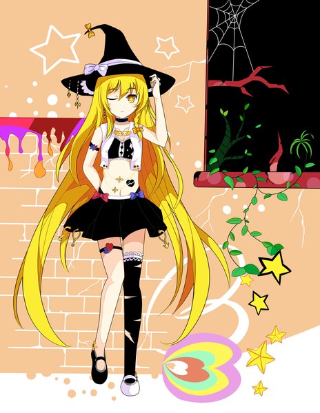 Anime picture 1160x1500 with touhou kirisame marisa yuzupie123 single long hair tall image blonde hair yellow eyes one eye closed wink midriff girl thighhighs skirt navel bow black thighhighs plant (plants) star (symbol) witch hat