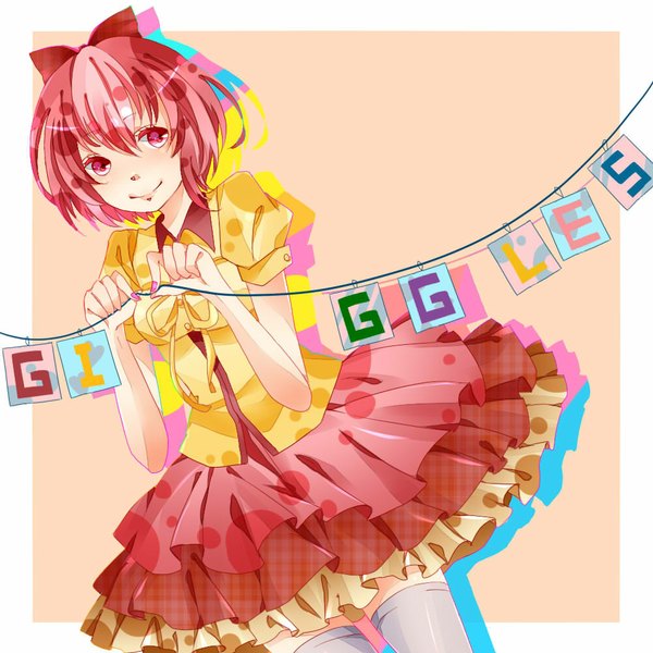 Anime picture 1000x1000 with happy tree friends giggles single highres short hair smile pink hair pink eyes inscription personification girl thighhighs dress bow hair bow white thighhighs string of flags