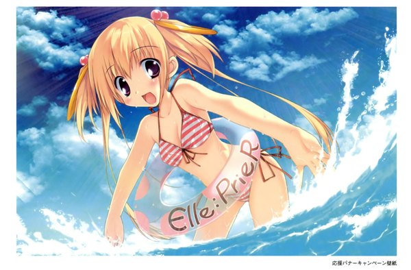Anime picture 1500x987 with elle prier (game) kadoma konomi amane sou open mouth blonde hair twintails sky cloud (clouds) short twintails girl sea splashes