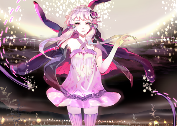 Anime picture 1200x850 with vocaloid yuzuki yukari 119 single long hair looking at viewer purple eyes twintails bare shoulders purple hair open clothes open jacket low twintails girl thighhighs dress hair ornament jacket striped thighhighs hair tubes
