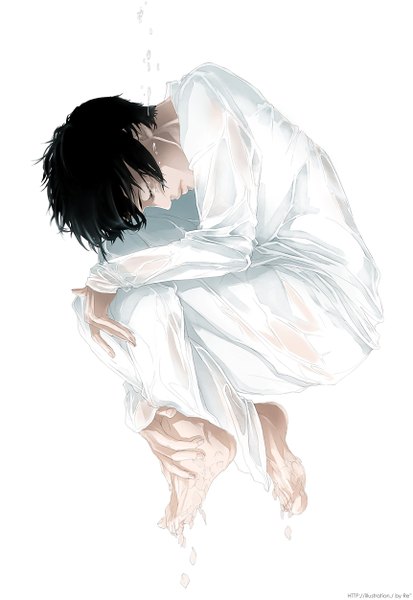 Anime picture 862x1252 with original re (artist) tall image short hair black hair simple background white background eyes closed wet clothes crying leg hug embryo's pose boy teardrop