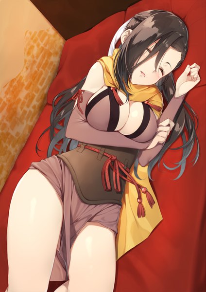 Anime picture 566x800 with fire emblem fire emblem fates kagerou (fire emblem if) yappen single long hair tall image blush breasts open mouth light erotic black hair hair between eyes large breasts cleavage lying braid (braids) eyes closed sleeping breast hold