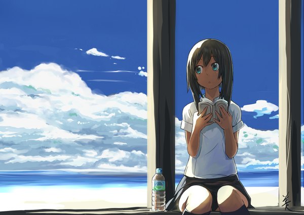 Anime picture 1683x1190 with original akaitera blue eyes black hair sky cloud (clouds) beach dark skin reading girl bottle