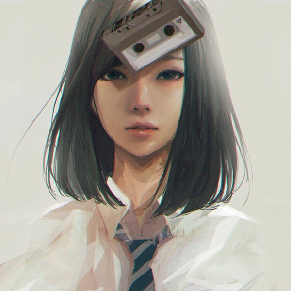 Anime picture 800x800 with original wataboku single long hair looking at viewer open mouth black hair simple background parted lips black eyes realistic grey background portrait shaded face girl shirt necktie white shirt