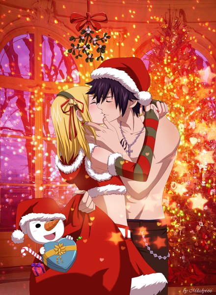 Anime picture 1280x1743 with fairy tail lucy heartfilia gray fullbuster plue milady666 long hair tall image blush short hair open mouth black hair blonde hair smile eyes closed nail polish black eyes tattoo hug christmas muscle