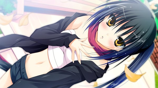 Anime picture 1280x720 with master re:master (game) long hair blush black hair wide image yellow eyes game cg girl