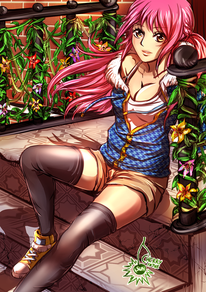 Anime picture 1000x1414 with one piece toei animation rebecca (one piece) cherryinthesun single long hair tall image looking at viewer sitting signed yellow eyes pink hair cleavage from above shadow alternate costume alternate hairstyle casual girl thighhighs