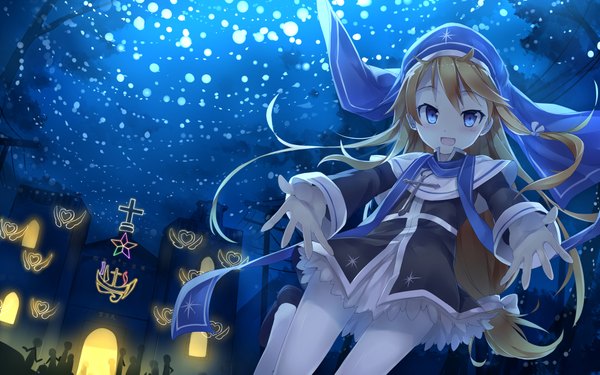 Anime picture 1920x1200 with magi in wanchin basilica xiao ma fred0092 long hair highres blue eyes blonde hair wide image night night sky nun girl dress gloves plant (plants) hat pantyhose tree (trees) white gloves scarf