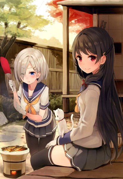 Anime picture 1000x1452 with kantai collection hamakaze destroyer isokaze destroyer paseri long hair tall image looking at viewer blush fringe short hair open mouth blue eyes black hair red eyes brown hair sitting holding silver hair pleated skirt one eye closed