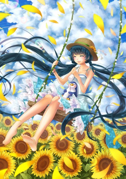 Anime picture 942x1333 with original kasugaya tall image blush open mouth twintails blue hair sky cloud (clouds) eyes closed very long hair barefoot girl dress flower (flowers) animal petals bird (birds) sundress sunflower