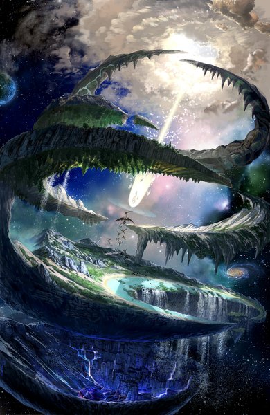 Anime picture 1429x2200 with original mugon tall image highres sky cloud (clouds) landscape scenic space battle waterfall angel and devil wings water moon star (stars) scythe planet galaxy