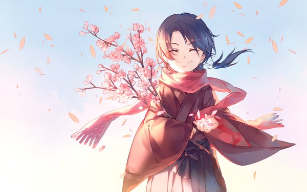 Anime picture 1500x943 with touken ranbu nitroplus kashuu kiyomitsu instockee single long hair fringe simple background standing eyes closed traditional clothes japanese clothes wind mole wide sleeves eyebrows boy flower (flowers) petals scarf