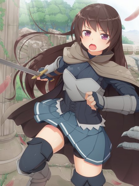 Anime picture 1200x1600 with original tachimi (basue) single long hair tall image looking at viewer open mouth black hair girl thighhighs skirt gloves weapon black thighhighs sword armor fingerless gloves cape feather (feathers) pillar