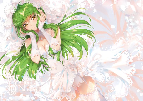 Anime picture 1200x848 with code geass sunrise (studio) c.c. creayus single long hair looking at viewer blush fringe breasts light erotic hair between eyes bare shoulders yellow eyes payot cleavage blunt bangs parted lips fingernails green hair