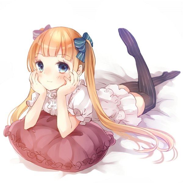 Anime picture 1000x1000 with original aquariumtama single long hair looking at viewer blush blue eyes simple background blonde hair white background twintails girl thighhighs dress bow hair bow pillow striped thighhighs