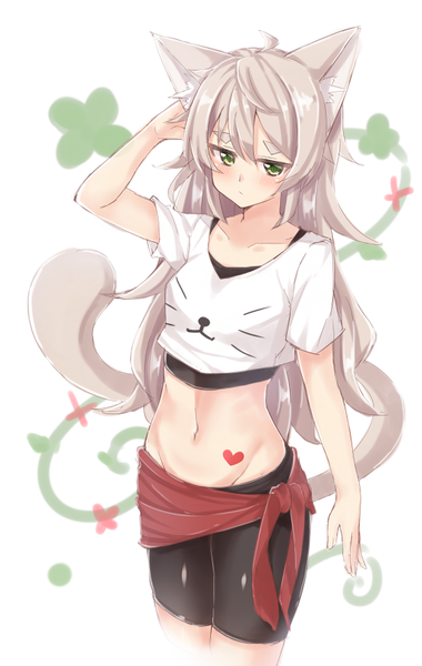 Anime picture 520x820 with original rikura (jiino) jiino single long hair tall image looking at viewer blush fringe simple background hair between eyes white background green eyes animal ears payot silver hair ahoge tail animal tail cat ears